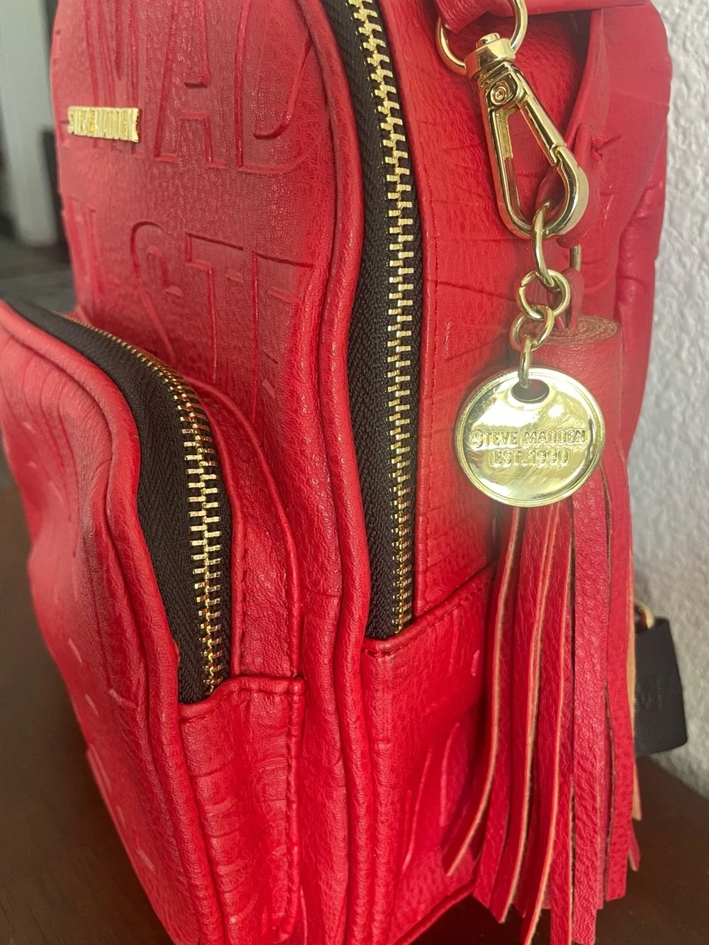 Steve Madden Red Textured Mini Backpack with Gold Hardware